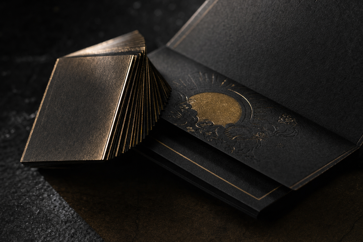 Premium business cards and an invitation with gold foil and embossing on a dark surface