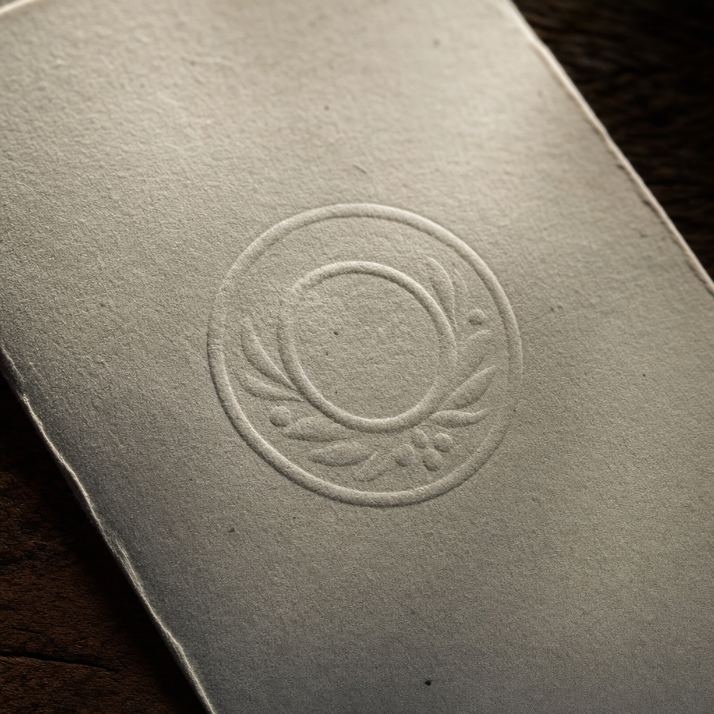 A blind debossed logo detail raking across a heavy cotton card