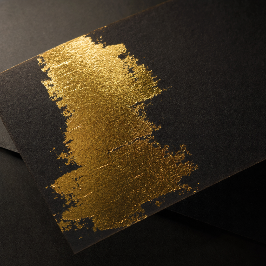 Gold foil detail on a dark business card catching the light