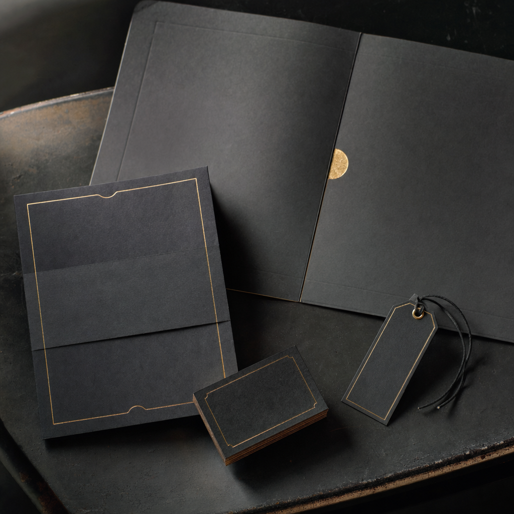 Premium cards, an invitation, and a folder with foil and emboss arranged on a dark surface