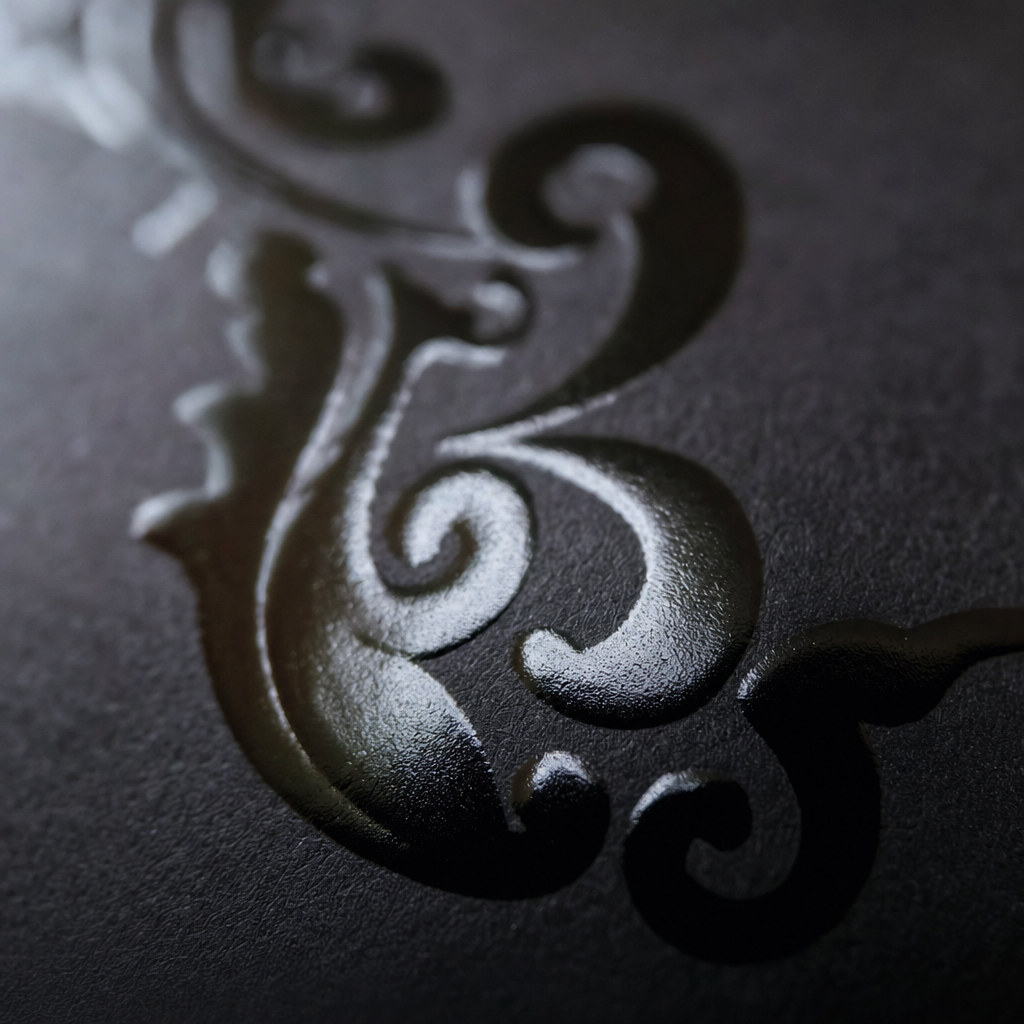 A soft-touch matte card with glossy raised spot UV pattern catching light